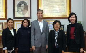 From left to right at Doan Thi Diem school: Tracy Kim Horn; Nguyen Thi Phuong, vice principal of the primary school; Michael B. Horn; Nguyen Thi Hien, chair and principal of Doan Thi Diem School; and Do Hai Ha, our interpreter.