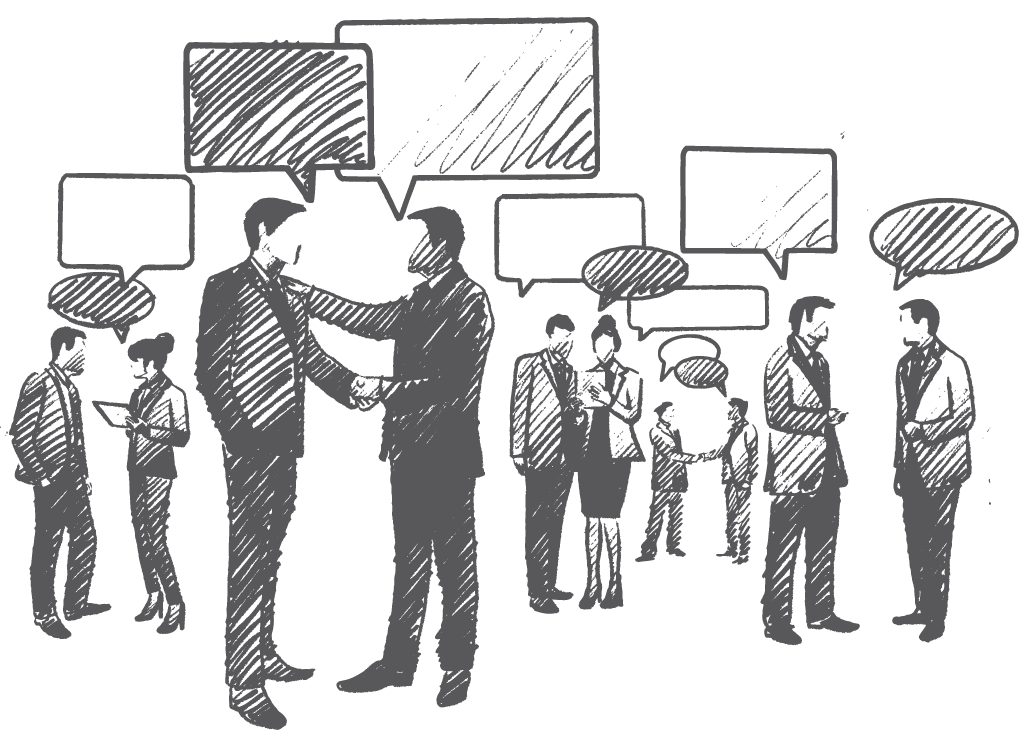 Illustration of people standing and talking, with speech bubbles